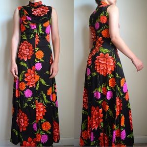 vintage black and multicolor floral turtleneck maxi dress from toni todd